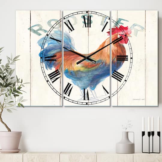 Designart Farm Rooster Farmhouse 3 Panel Wall Clock